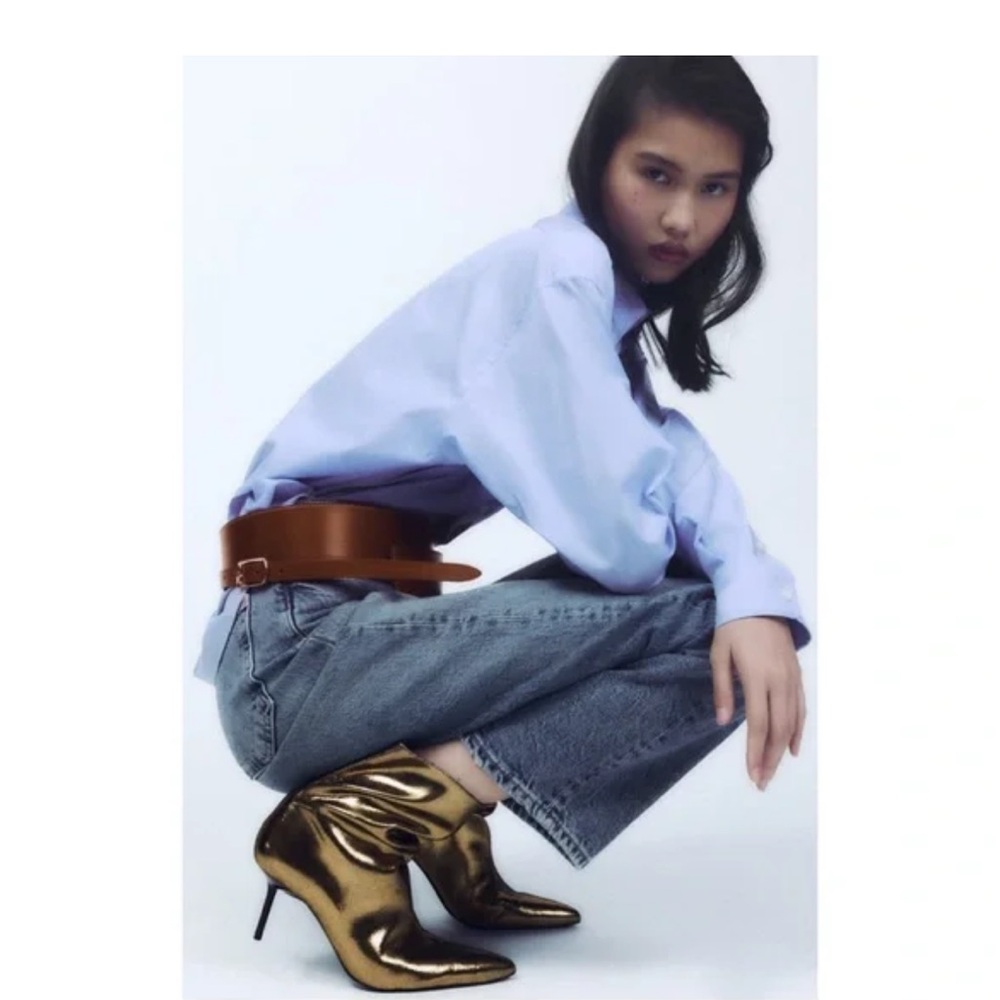 Zara Metallic Gold Tone Thin Heel Ankle Boots Size 9